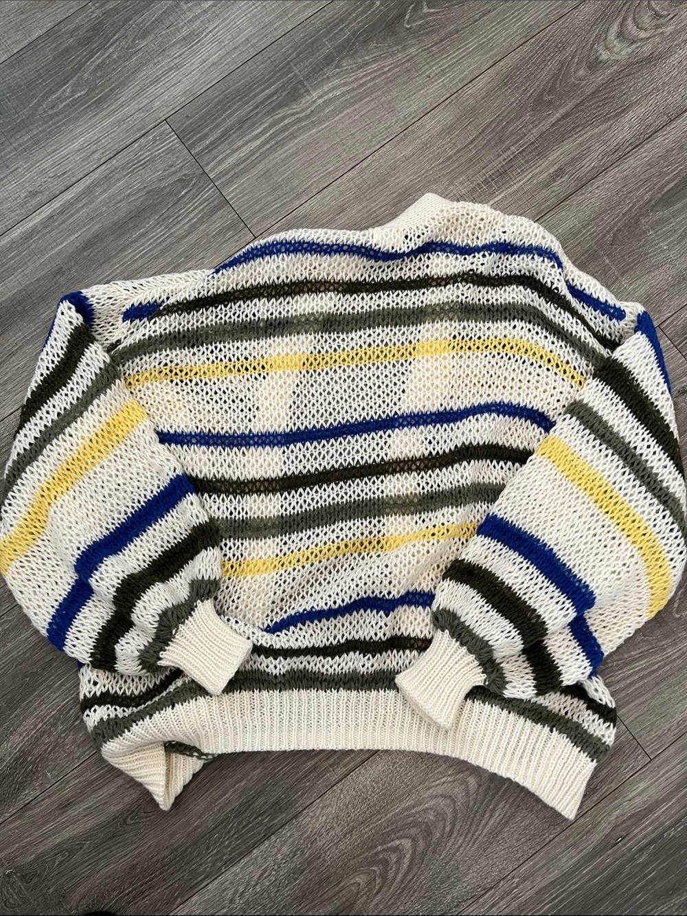 aerie Cream Open-Front Cardigan with Blue, Green & Yellow Stripes - Picture 4 of 4